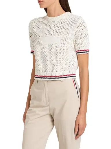 Thom Browne Women's Hector Pointelle-Knit Cotton T-Shirt - White | Thumbnail 4 Thom Browne Women's Hector Pointelle-Knit Cotton T-Shirt - White | Thumbnail 4