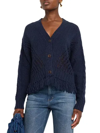 Autumn Cashmere Women's Cotton Fringed V-Neck Cardigan - Navy | Thumbnail 3 Autumn Cashmere Women's Cotton Fringed V-Neck Cardigan - Navy | Thumbnail 3