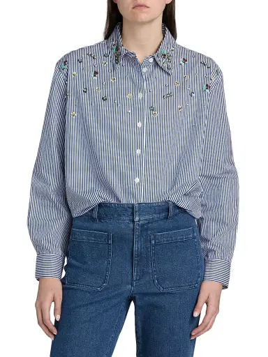 Tanya Taylor Women's Margaux Embellished Striped Cotton Top - Blue Optic White | Thumbnail 3 Tanya Taylor Women's Margaux Embellished Striped Cotton Top - Blue Optic White | Thumbnail 3