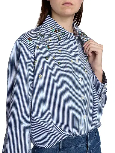 Tanya Taylor Women's Margaux Embellished Striped Cotton Top - Blue Optic White | Thumbnail 6 Tanya Taylor Women's Margaux Embellished Striped Cotton Top - Blue Optic White | Thumbnail 6