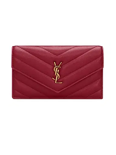 Saint Laurent Women's Cassandre Fragments Flap Card Case in Lambskin Leather - Deeply Red | Thumbnail 1 Saint Laurent Women's Cassandre Fragments Flap Card Case in Lambskin Leather - Deeply Red | Thumbnail 1