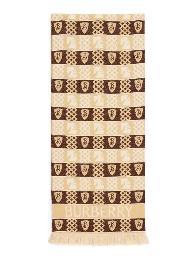 Burberry Men's Wool Woven Icons Fringed Scarf - Sand | Thumbnail 1 Burberry Men's Wool Woven Icons Fringed Scarf - Sand | Thumbnail 1