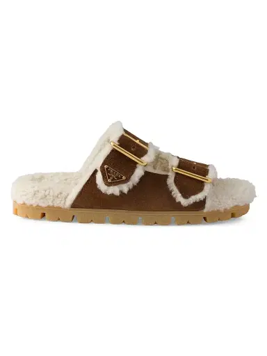 Prada Women's Suede and Shearling Slides - Brown | Thumbnail 1 Prada Women's Suede and Shearling Slides - Brown | Thumbnail 1