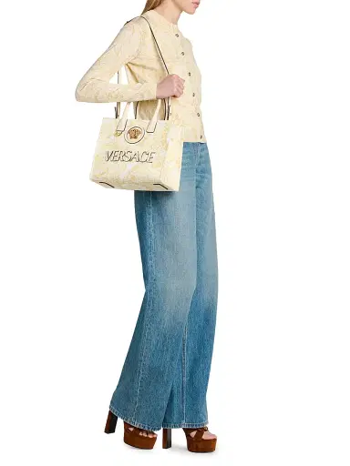 Versace Women's Barocco-Print Logo Cotton Tote Bag - Ecru Multicolor Gold | Thumbnail 2 Versace Women's Barocco-Print Logo Cotton Tote Bag - Ecru Multicolor Gold | Thumbnail 2
