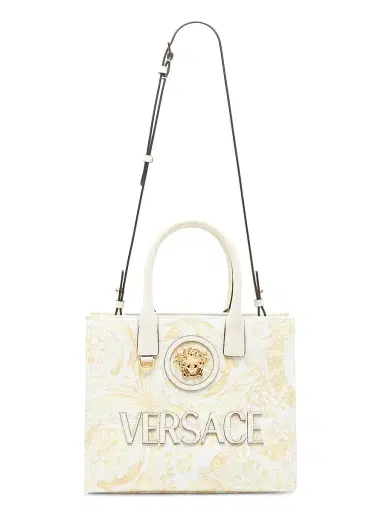 Versace Women's Barocco-Print Logo Cotton Tote Bag - Ecru Multicolor Gold | Thumbnail 5 Versace Women's Barocco-Print Logo Cotton Tote Bag - Ecru Multicolor Gold | Thumbnail 5