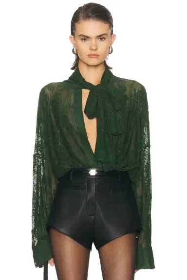 Norma Kamali Super Oversized Boyfriend Bow Bodysuit | Thumbnail 1 Norma Kamali Super Oversized Boyfriend Bow Bodysuit | Thumbnail 1