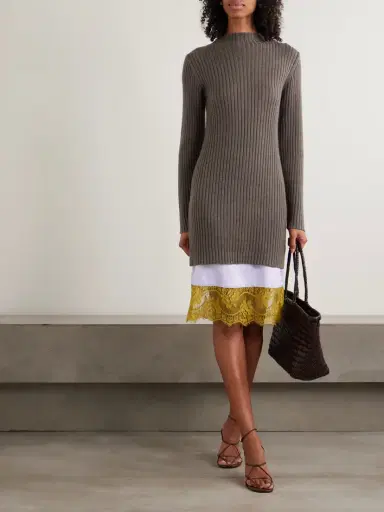 Staud Willow Layered Lace-trimmed Wool-blend And Satin Midi Dress | Thumbnail 2 Staud Willow Layered Lace-trimmed Wool-blend And Satin Midi Dress | Thumbnail 2