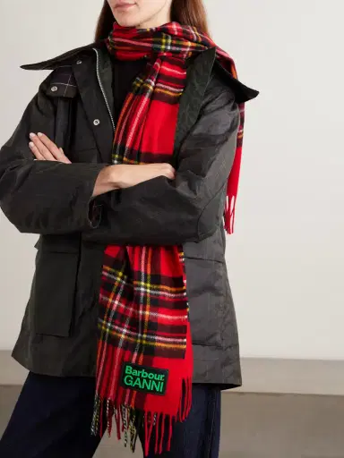 Barbour + Ganni Fringed Appliquéd Checked Wool Scarf | Thumbnail 2 Barbour + Ganni Fringed Appliquéd Checked Wool Scarf | Thumbnail 2