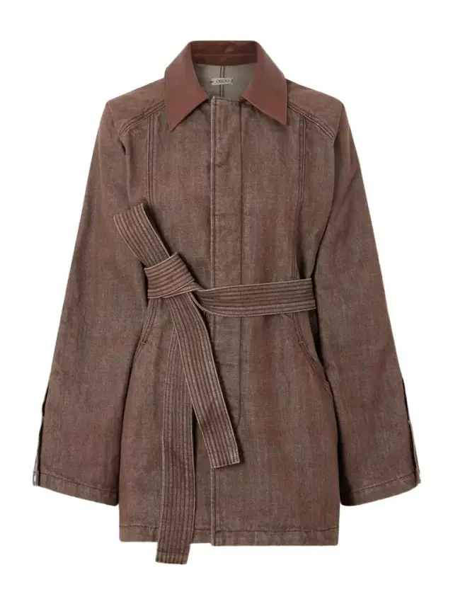 Sweep Belted Leather-trimmed Denim Jacket Sweep Belted Leather-trimmed Denim Jacket