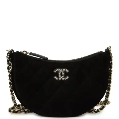 Chanel Chanel Crystal CC Hobo Bag with Chain Black Velvet Light Gold Hardware | Thumbnail 1 Chanel Chanel Crystal CC Hobo Bag with Chain Black Velvet Light Gold Hardware | Thumbnail 1