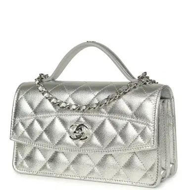 Chanel Chanel Top Handle Wallet On Chain WOC Metallic Silver Shiny Caviar Silver Hardware | Thumbnail 5 Chanel Chanel Top Handle Wallet On Chain WOC Metallic Silver Shiny Caviar Silver Hardware | Thumbnail 5