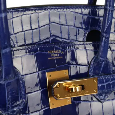 HERMÈS Pre-owned Hermes Birkin 30 Bleu Electric Shiny Porosus Crocodile Gold Hardware | Thumbnail 7 HERMÈS Pre-owned Hermes Birkin 30 Bleu Electric Shiny Porosus Crocodile Gold Hardware | Thumbnail 7