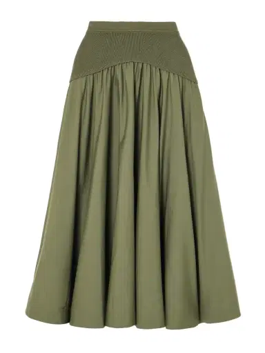 Simkhai Ovie Pleated Ribbed-knit Trimmed Cotton-poplin Midi Skirt | Thumbnail 1 Simkhai Ovie Pleated Ribbed-knit Trimmed Cotton-poplin Midi Skirt | Thumbnail 1
