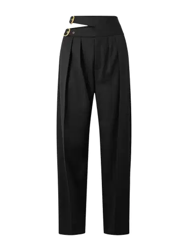 Chloé Buckled Cutout Grain De Poudre Wool Tapered Pants | Thumbnail 1 Chloé Buckled Cutout Grain De Poudre Wool Tapered Pants | Thumbnail 1