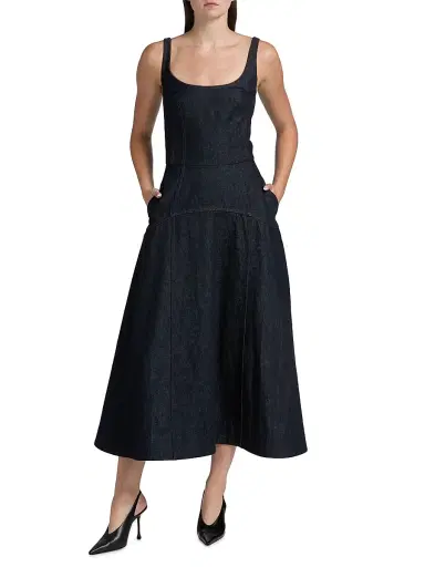 Adam Lippes Women's Veda Scoopneck Denim Midi-Dress - Indigo | Thumbnail 3 Adam Lippes Women's Veda Scoopneck Denim Midi-Dress - Indigo | Thumbnail 3