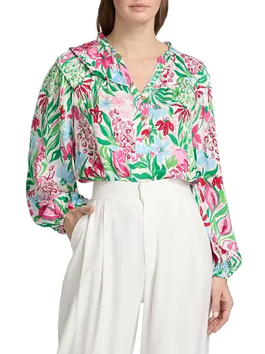 Lilly Pulitzer Women's Japhia Glowing Gardens Printed Long-Sleeve Blouse - Multi Glowing Gardens - Size XL | Thumbnail 3 Lilly Pulitzer Women's Japhia Glowing Gardens Printed Long-Sleeve Blouse - Multi Glowing Gardens - Size XL | Thumbnail 3