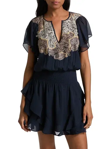 Ramy Brook Women's Ismeria Lace-Trimmed Silk Minidress - Navy | Thumbnail 3 Ramy Brook Women's Ismeria Lace-Trimmed Silk Minidress - Navy | Thumbnail 3