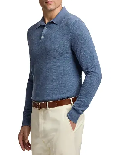Ralph Lauren Purple Label Men's Polo-Collar Silk-Cotton Sweater - Soft Blue | Thumbnail 4 Ralph Lauren Purple Label Men's Polo-Collar Silk-Cotton Sweater - Soft Blue | Thumbnail 4