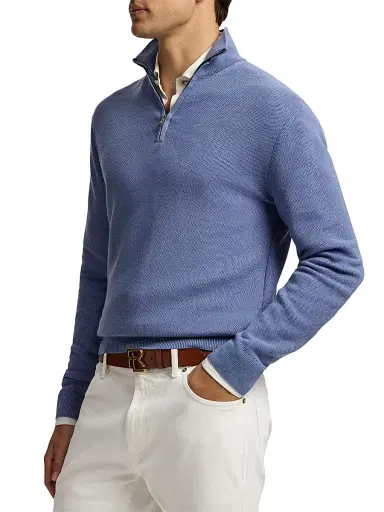 Ralph Lauren Purple Label Men's Piqué-Knit Wool Quarter-Zip Sweater - Soft Blue - Size XXL | Thumbnail 4 Ralph Lauren Purple Label Men's Piqué-Knit Wool Quarter-Zip Sweater - Soft Blue - Size XXL | Thumbnail 4