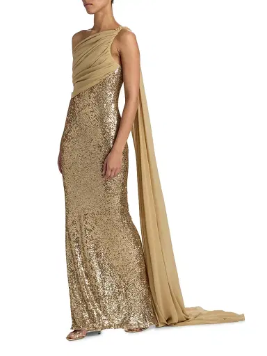 Pamella Roland Women's Sequined Chiffon One-Shoulder Gown - Gold | Thumbnail 2 Pamella Roland Women's Sequined Chiffon One-Shoulder Gown - Gold | Thumbnail 2