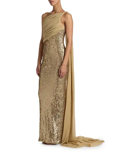 Pamella Roland Women's Sequined Chiffon One-Shoulder Gown - Gold | Thumbnail 4 Pamella Roland Women's Sequined Chiffon One-Shoulder Gown - Gold | Thumbnail 4
