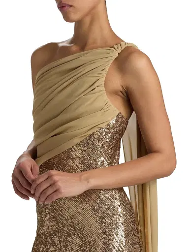 Pamella Roland Women's Sequined Chiffon One-Shoulder Gown - Gold | Thumbnail 6 Pamella Roland Women's Sequined Chiffon One-Shoulder Gown - Gold | Thumbnail 6