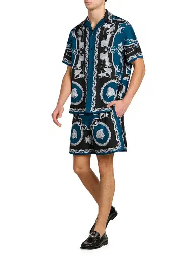 Versace Men's Hall of Heroes Silk Twill Shirt - Black Petrol Blue | Thumbnail 2 Versace Men's Hall of Heroes Silk Twill Shirt - Black Petrol Blue | Thumbnail 2