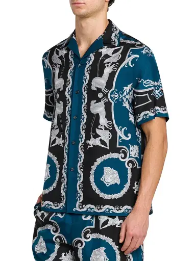 Versace Men's Hall of Heroes Silk Twill Shirt - Black Petrol Blue | Thumbnail 4 Versace Men's Hall of Heroes Silk Twill Shirt - Black Petrol Blue | Thumbnail 4