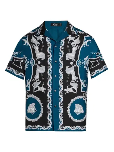 Versace Men's Hall of Heroes Silk Twill Shirt - Black Petrol Blue | Thumbnail 1 Versace Men's Hall of Heroes Silk Twill Shirt - Black Petrol Blue | Thumbnail 1
