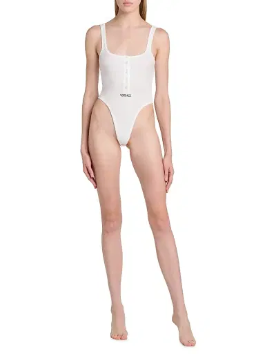 Versace Women's Logo-Embroidered Ribbed Tank Bodysuit - Optical White | Thumbnail 2 Versace Women's Logo-Embroidered Ribbed Tank Bodysuit - Optical White | Thumbnail 2