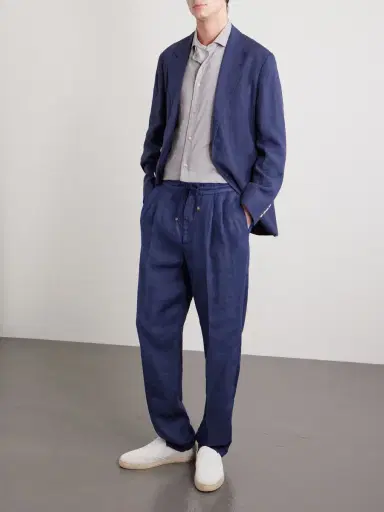 Brunello Cucinelli Tapered Pleated Linen-Twill Drawstring Trousers - Men | Thumbnail 2 Brunello Cucinelli Tapered Pleated Linen-Twill Drawstring Trousers - Men | Thumbnail 2