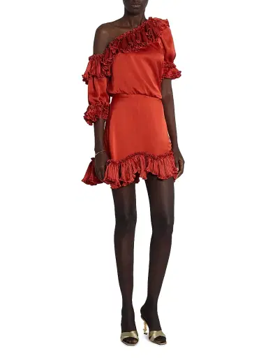Saint Laurent Women's Ruffled Dress in Silk Satin - Orange Sanguine | Thumbnail 2 Saint Laurent Women's Ruffled Dress in Silk Satin - Orange Sanguine | Thumbnail 2