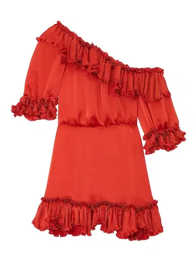 Saint Laurent Women's Ruffled Dress in Silk Satin - Orange Sanguine | Thumbnail 3 Saint Laurent Women's Ruffled Dress in Silk Satin - Orange Sanguine | Thumbnail 3