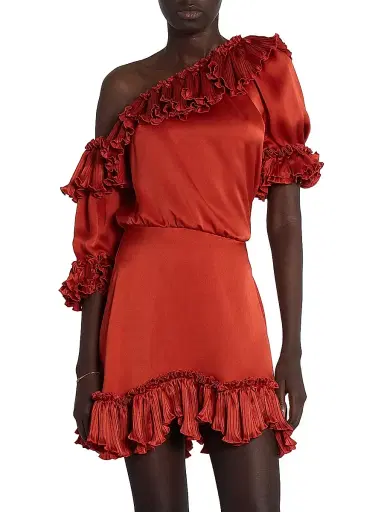 Saint Laurent Women's Ruffled Dress in Silk Satin - Orange Sanguine | Thumbnail 4 Saint Laurent Women's Ruffled Dress in Silk Satin - Orange Sanguine | Thumbnail 4