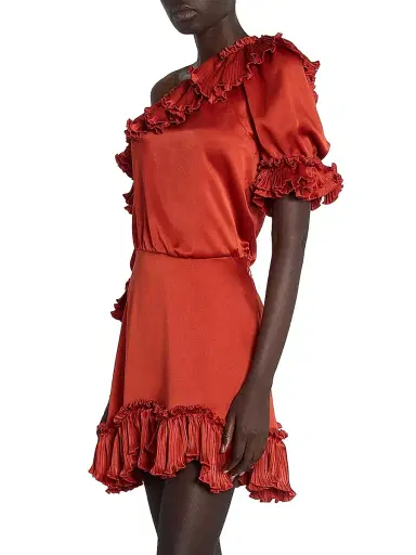 Saint Laurent Women's Ruffled Dress in Silk Satin - Orange Sanguine | Thumbnail 5 Saint Laurent Women's Ruffled Dress in Silk Satin - Orange Sanguine | Thumbnail 5