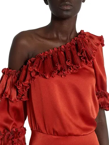 Saint Laurent Women's Ruffled Dress in Silk Satin - Orange Sanguine | Thumbnail 6 Saint Laurent Women's Ruffled Dress in Silk Satin - Orange Sanguine | Thumbnail 6