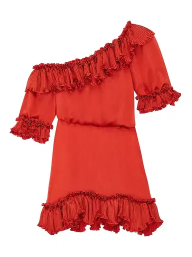 Saint Laurent Women's Ruffled Dress in Silk Satin - Orange Sanguine | Thumbnail 1 Saint Laurent Women's Ruffled Dress in Silk Satin - Orange Sanguine | Thumbnail 1