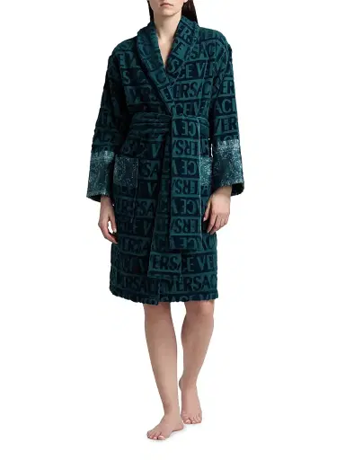 Versace Women's Baroque Terry Cotton Bathrobe - Petrol Blue | Thumbnail 2 Versace Women's Baroque Terry Cotton Bathrobe - Petrol Blue | Thumbnail 2