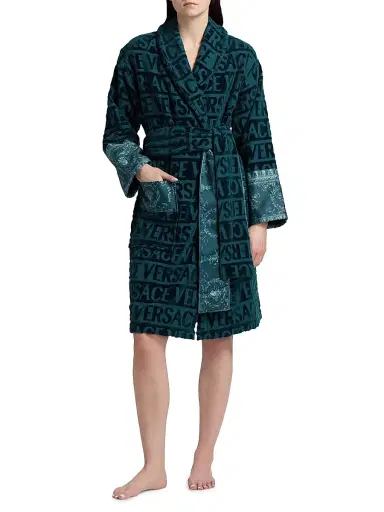 Versace Women's Baroque Terry Cotton Bathrobe - Petrol Blue | Thumbnail 3 Versace Women's Baroque Terry Cotton Bathrobe - Petrol Blue | Thumbnail 3