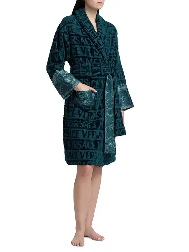 Versace Women's Baroque Terry Cotton Bathrobe - Petrol Blue | Thumbnail 4 Versace Women's Baroque Terry Cotton Bathrobe - Petrol Blue | Thumbnail 4