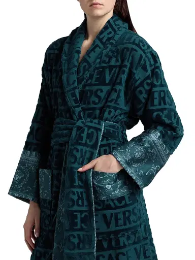 Versace Women's Baroque Terry Cotton Bathrobe - Petrol Blue | Thumbnail 6 Versace Women's Baroque Terry Cotton Bathrobe - Petrol Blue | Thumbnail 6
