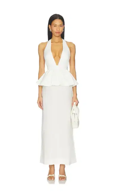 ADRIANA DEGREAS Solid Deep-V Peplum Maxi Dress | Thumbnail 1 ADRIANA DEGREAS Solid Deep-V Peplum Maxi Dress | Thumbnail 1