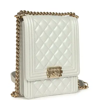 Chanel Pre-owned Chanel North South Boy Bag Light Grey Iridescent Calfskin Light Gold Hardware | Thumbnail 2 Chanel Pre-owned Chanel North South Boy Bag Light Grey Iridescent Calfskin Light Gold Hardware | Thumbnail 2