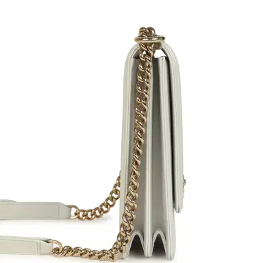 Chanel Pre-owned Chanel North South Boy Bag Light Grey Iridescent Calfskin Light Gold Hardware | Thumbnail 3 Chanel Pre-owned Chanel North South Boy Bag Light Grey Iridescent Calfskin Light Gold Hardware | Thumbnail 3