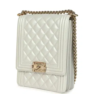 Chanel Pre-owned Chanel North South Boy Bag Light Grey Iridescent Calfskin Light Gold Hardware | Thumbnail 5 Chanel Pre-owned Chanel North South Boy Bag Light Grey Iridescent Calfskin Light Gold Hardware | Thumbnail 5