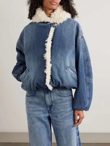 Isabel Marant Charone Fleece-trimmed Padded Denim Bomber Jacket | Thumbnail 3 Isabel Marant Charone Fleece-trimmed Padded Denim Bomber Jacket | Thumbnail 3