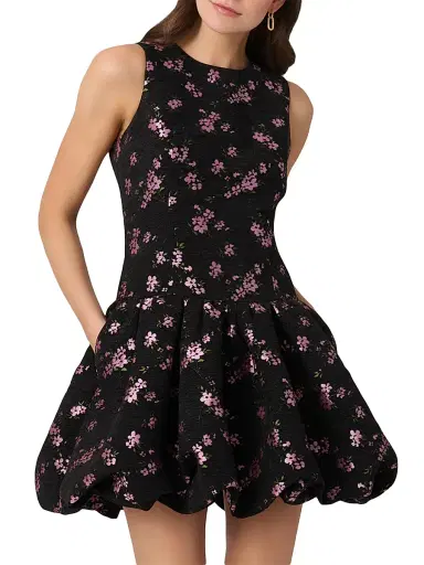 Shoshanna Women's Raffaella Metallic Floral Velvet Bubble-Hem Dress - Jet Mauve | Thumbnail 2 Shoshanna Women's Raffaella Metallic Floral Velvet Bubble-Hem Dress - Jet Mauve | Thumbnail 2