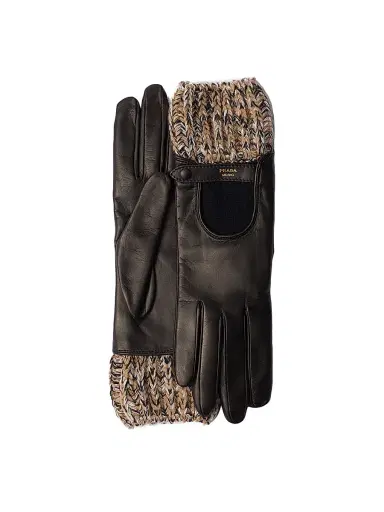 Prada Women's Nappa Leather and Mélange Knit Gloves - Brown | Thumbnail 1 Prada Women's Nappa Leather and Mélange Knit Gloves - Brown | Thumbnail 1