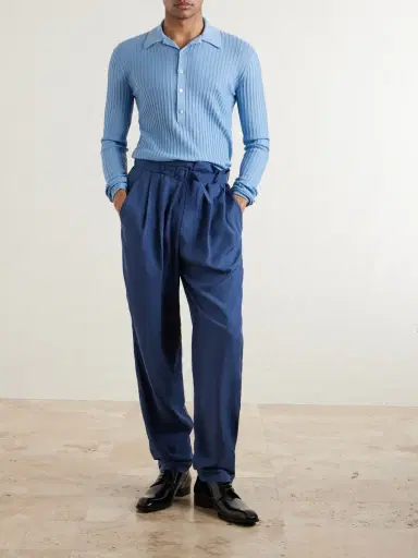 Saint Laurent Slim-Fit Ribbed Wool, Cashmere and Silk-Blend Polo Shirt - Men | Thumbnail 2 Saint Laurent Slim-Fit Ribbed Wool, Cashmere and Silk-Blend Polo Shirt - Men | Thumbnail 2