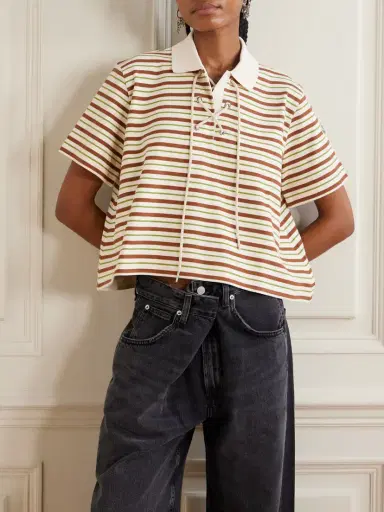 Moncler Lace-up Cropped Striped Cotton Polo Shirt | Thumbnail 3 Moncler Lace-up Cropped Striped Cotton Polo Shirt | Thumbnail 3